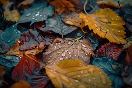 秋叶上的雨珠图片