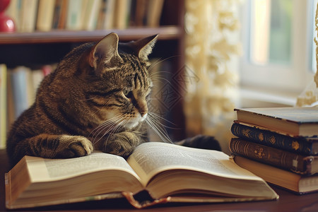 书本旁边的小猫图片