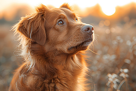 草地中仰望天空的狗狗图片
