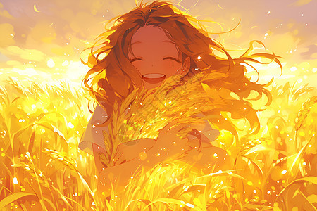 欢乐的少女在金黄稻田中图片