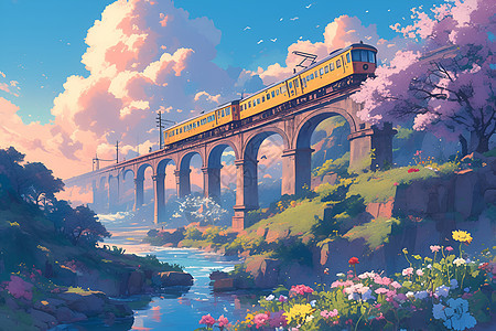 樱花盛开中的火车图片