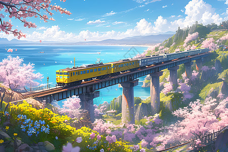 火车穿越美丽春天图片