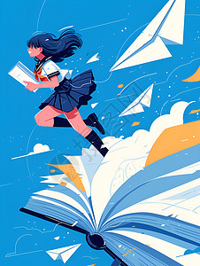 少女踏着书本在空中放飞纸飞机图片