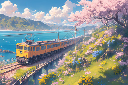 列车驶过樱花盛开的春天图片
