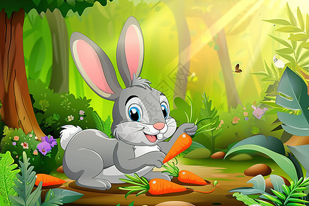 森林中一只兔子插画图片