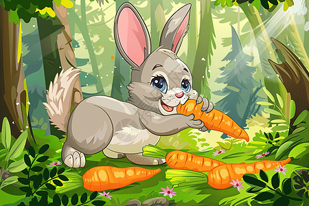森林中一只兔子拿着胡萝卜图片