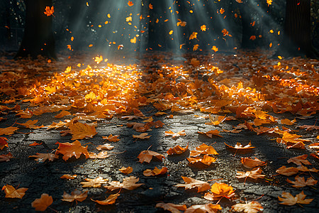 阳光穿透树叶洒落在地面上图片