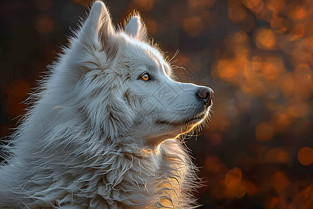 朝阳照耀下的白色狗狗图片