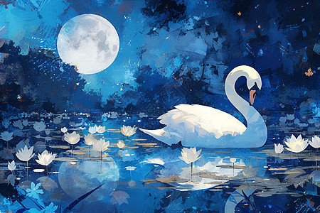 夜湖玄月中的天鹅图片