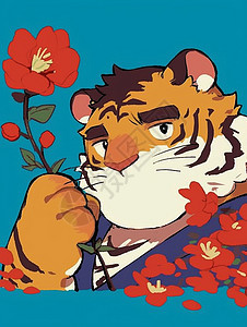 可爱老虎拿着鲜花图片
