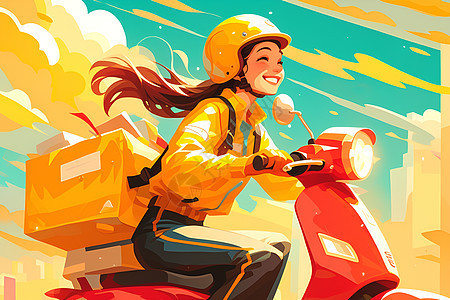 女孩骑着红色电动车送餐图片