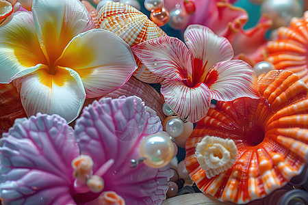 色彩缤纷的鲜花与珍珠图片