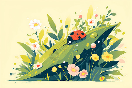 小瓢虫闲坐在花草间图片