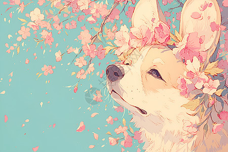 樱花树下的小狗图片
