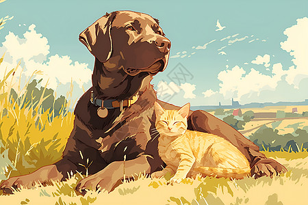 草地中的猫咪和小狗图片