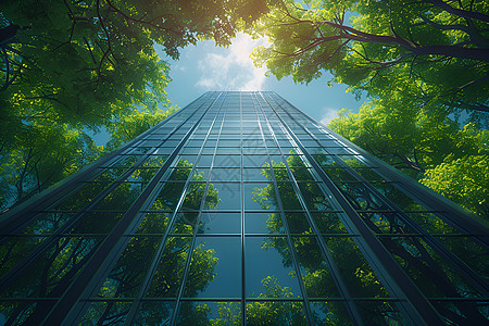 玻璃建筑物前的绿树图片