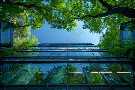 玻璃高楼前的绿树图片