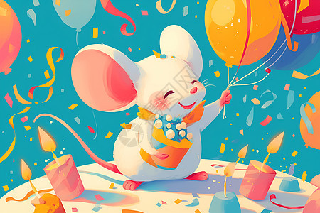 小鼠与缤纷气球和彩带图片