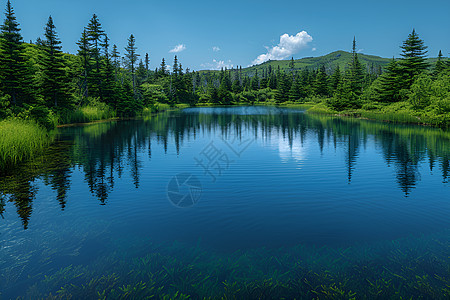 清澈绿荫环绕的湖泊图片