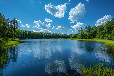 湖水倒影着蓝天白云图片