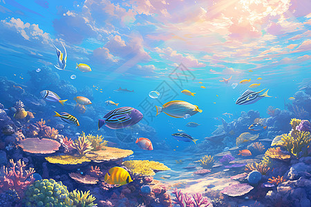 海洋中的珊瑚和鱼群图片