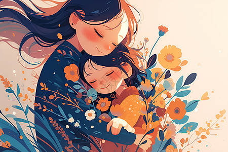 母亲抱着女儿在花丛里图片