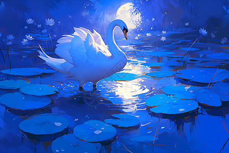 夜晚水域中的天鹅插画图片