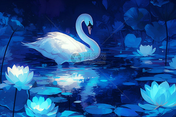 夜晚湖泊中的天鹅图片