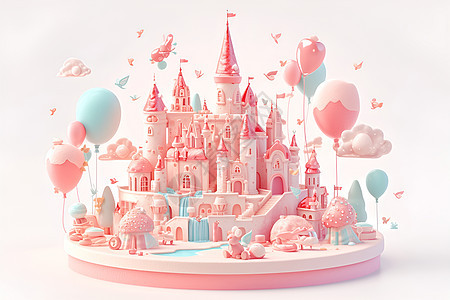 仙境奇幻粉色泥土城堡与飞舞的气球图片