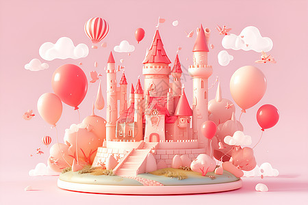 粉色泥土城堡和白云气球背景图片
