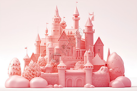 粉色粘土城堡在纯白的背景下图片