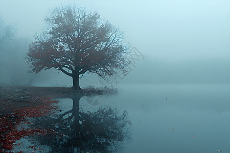 湖泊之中的树影朦胧图片