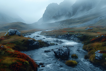 山谷迷雾中的红花和溪流图片