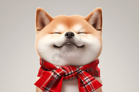 红色格纹领结下的可爱柴犬图片