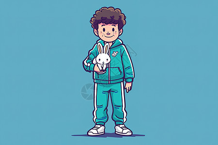 蓝色卫衣少年抱着白色兔子图片