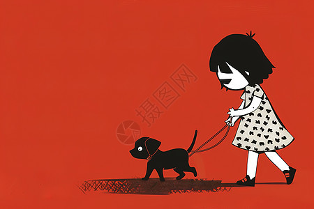 少女牵着一只黑色狗图片