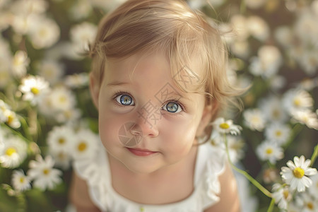 小女孩在雏菊地里微笑图片