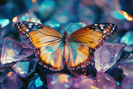 蝴蝶栖息在一堆水晶石上图片