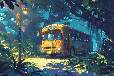 森林中行驶的公交车图片