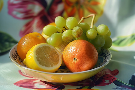 水果碗上摆放着葡萄橙子和柠檬图片