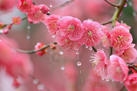 水珠滴落在粉红花朵的枝丫上图片