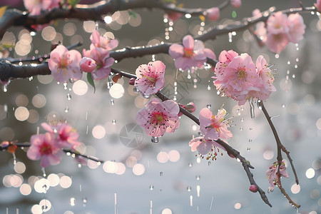 雨滴悬挂在雨中粉色花朵上图片