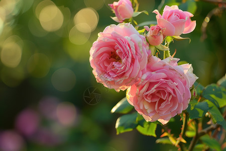 玫瑰花树枝上挂着一束粉色玫瑰图片