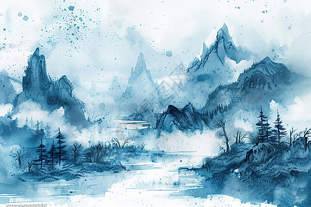 绘画的山湖风景图片