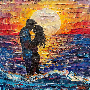 海边夕阳下接吻的情侣图片