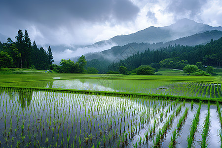 农田中的绿色稻谷图片