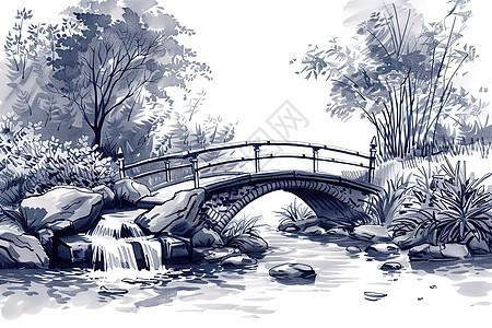 展示的木桥水墨画图片