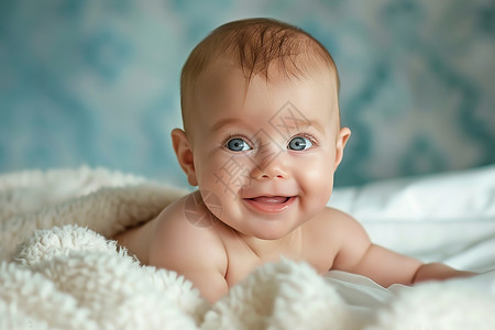 蓝眼睛的宝宝躺在毯子上图片