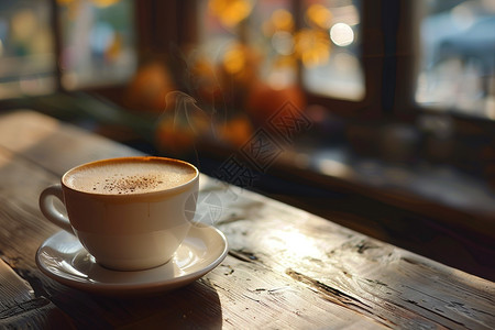 一杯咖啡静静在木桌上图片