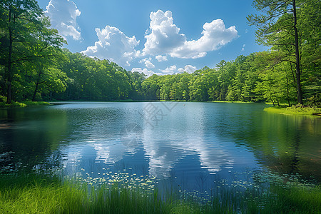 湖泊映照清晰青草树林图片